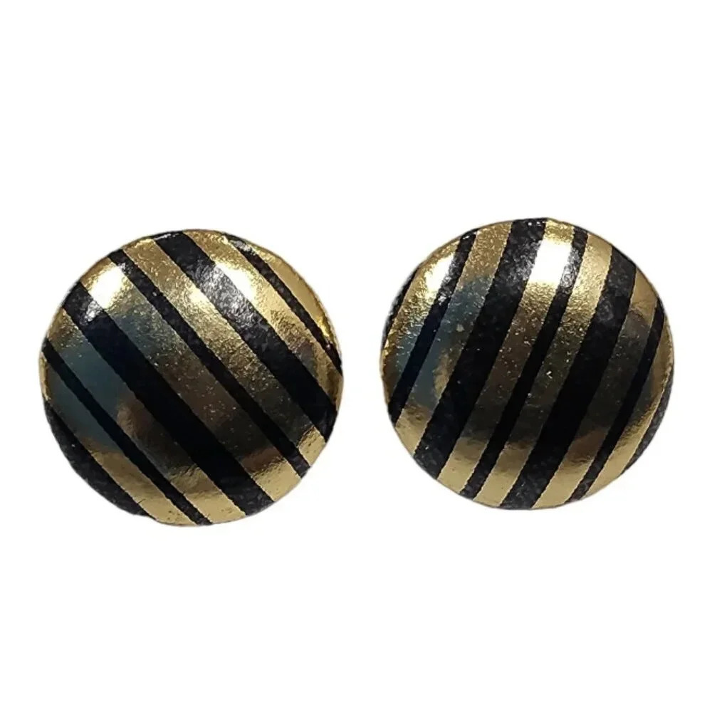 Vintage Gold Tone Black Enamel Stripe Round Studs Earrings Silver Tone